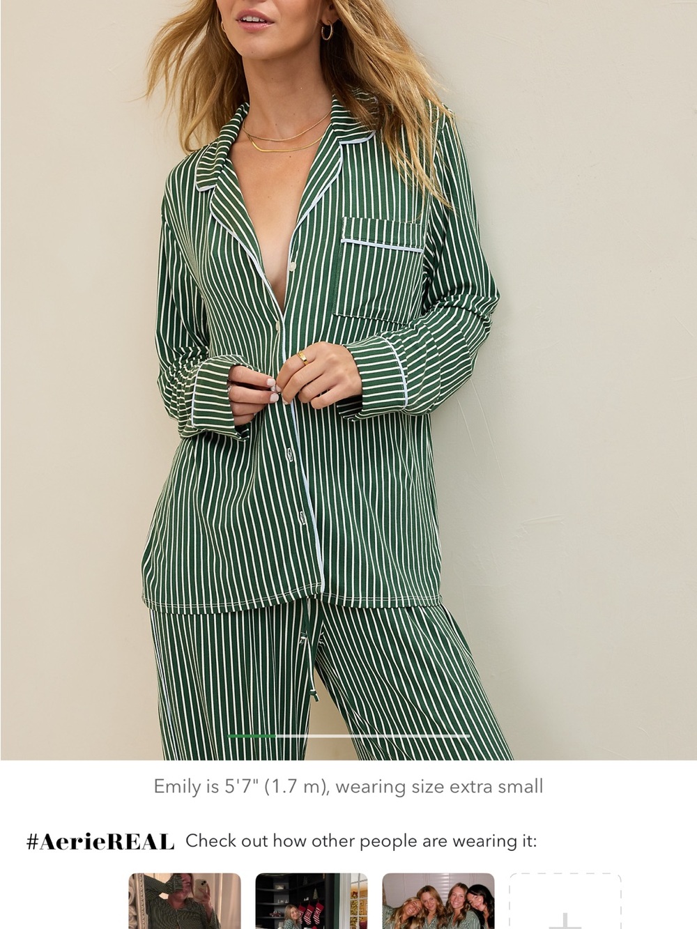 aerie Green and White Stripe Button-Up Pajama Set